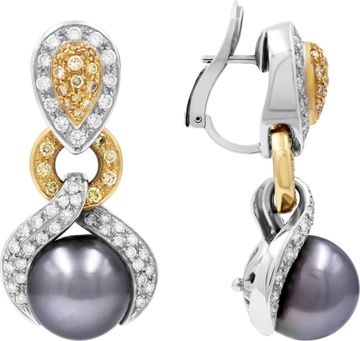 Tahitian Pearl, white and yellow diamond earrings in 18k white and yellow gold