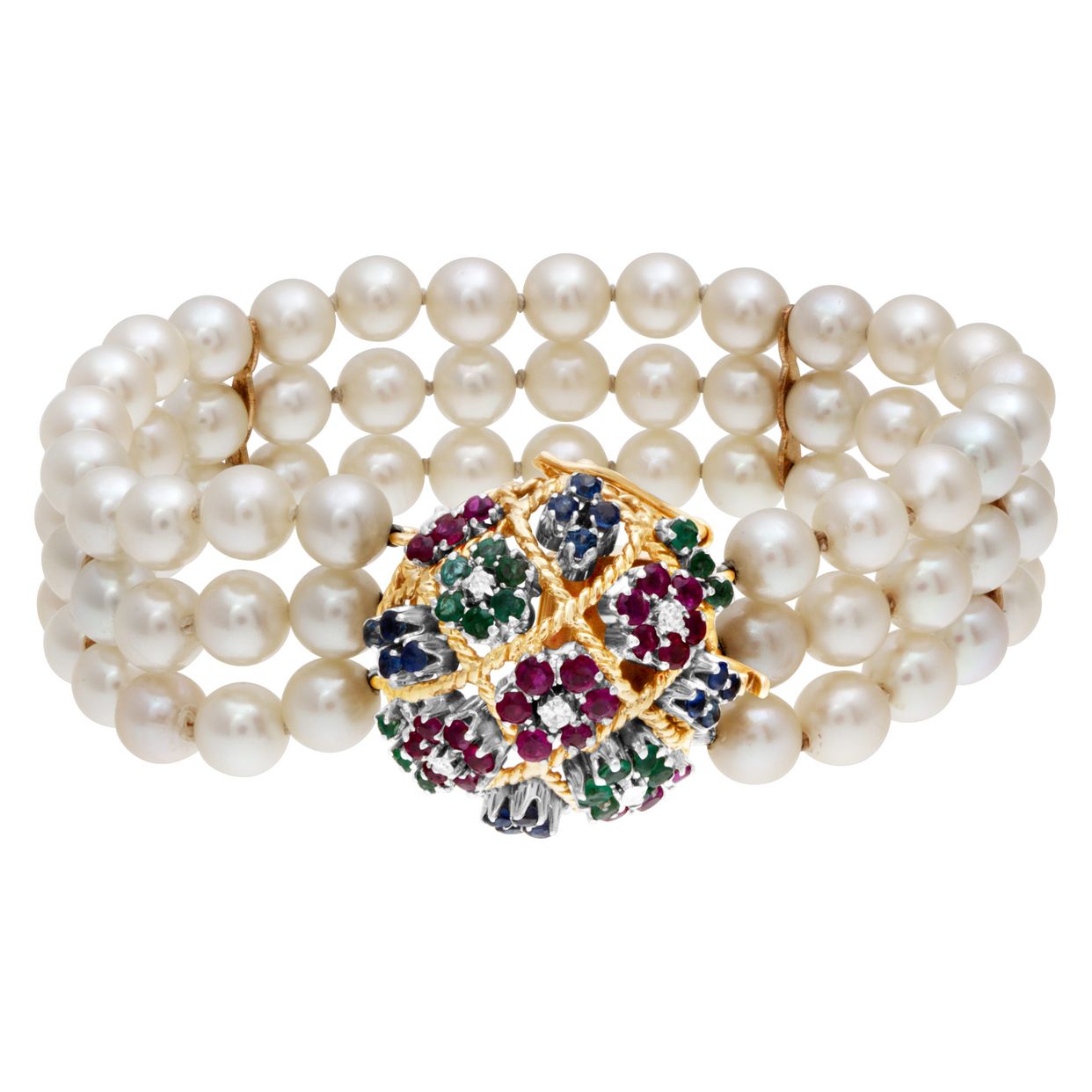 Three strand pearl bracelet with 18k gold clasp with emeralds,