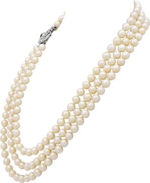 Three strand pearl necklace with 8 mm cultured pearls. Rhodium plated Sterling Silver clasp with round and baguette diamonds