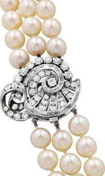 Three strand pearl necklace with 8 mm cultured pearls. Rhodium plated Sterling Silver clasp with round and baguette diamonds