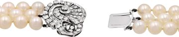Three strand pearl necklace with 8 mm cultured pearls. Rhodium plated Sterling Silver clasp with round and baguette diamonds