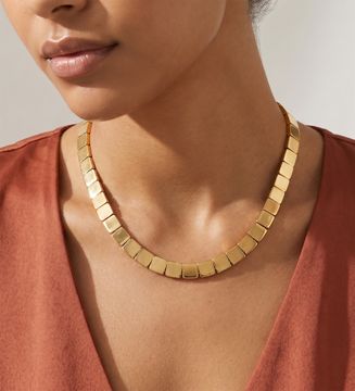 Tiffany & Co square panel mirror link necklace in 18k yellow gold. 16 inch length. 7.5 mm width. Circa 2002. Necklace Collection