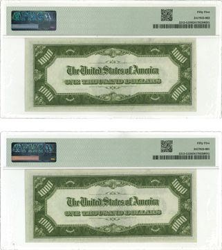 Two sequential $1000 bills PMG 55 graded. G00256772A and G00256773A