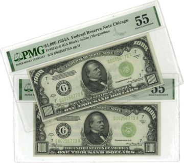 Two sequential $1000 bills PMG 55 graded. G00256772A and G00256773A