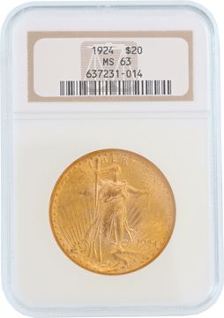 US $20 Saint-Gaudens Double Eagle gold coin from 1924. NGC MS63 Jewelry Collection