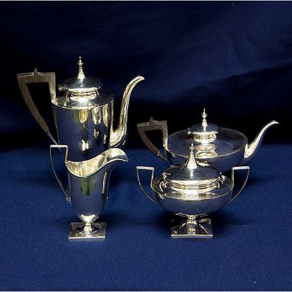Vintage 4 piece Sterling Silver Tea Coffee Set w/ wood handle,