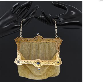 Vintage evening bag purse in 18k yellow gold diamonds and cabochon sapphires