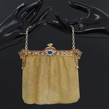 Vintage evening handbag in 18k yellow gold diamonds and cabochon sapphires