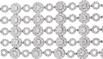 Wide multi-row diamond bracelet in 18k white gold with articulating circular links. Over 37 carats in round diamonds