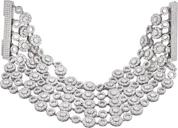 Wide multi-row diamond bracelet in 18k white gold with articulating circular links. Over 37 carats in round diamonds
