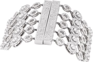 Wide multi-row diamond bracelet in 18k white gold with articulating circular links. Over 37 carats in round diamonds