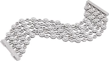 Wide multi-row diamond bracelet in 18k white gold with articulating circular links. Over 37 carats in round diamonds